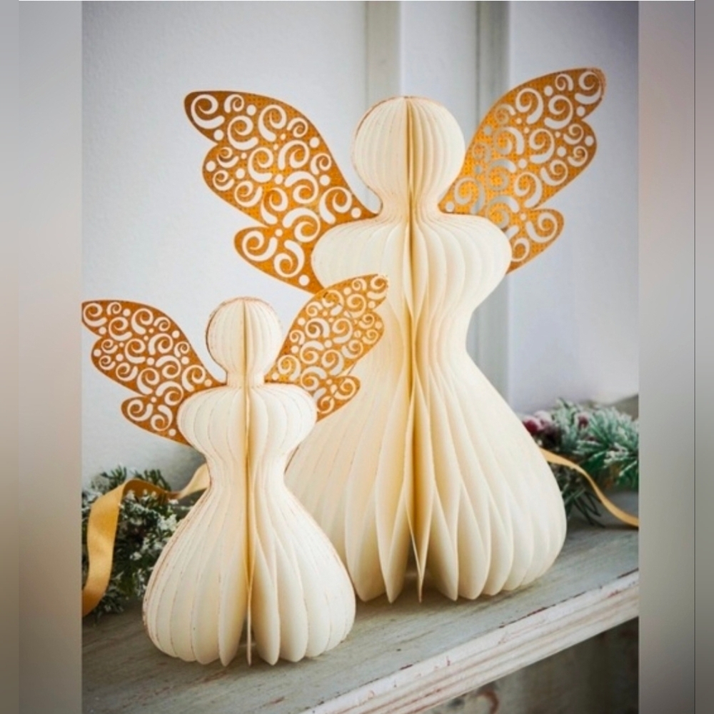 New Holiday Time Honeycomb Angels set 8" & 12" White Gold Paper Christmas Decor